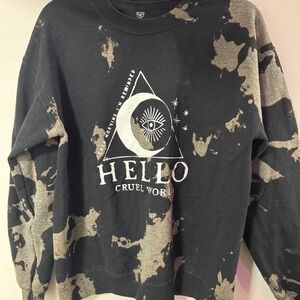Hello Cruel World Bleach-Effect Black Crewneck Sweatshirt